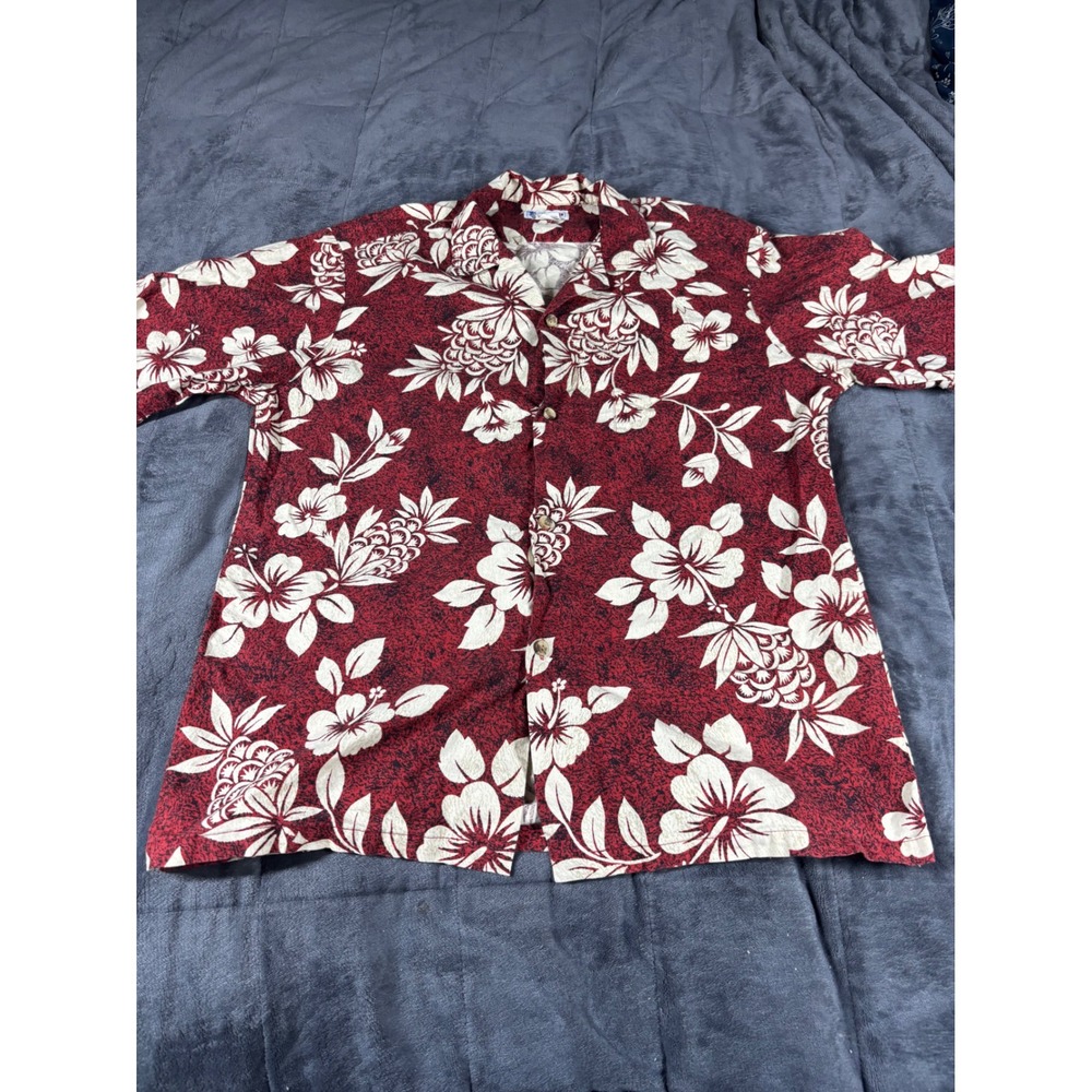 Hawaii Mens Vintage Tropical Hibiscus Pineapple Aloha Shirt Red‎ Cotton Large